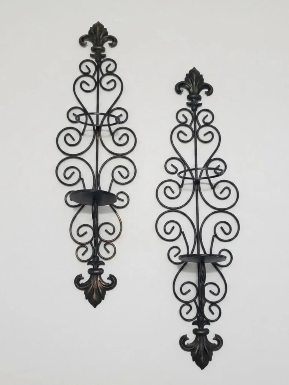 Vintage Wrought Iron Wall Sconces Fleur de Lis Pillar Candle Holders Black Gold